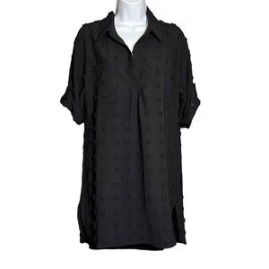B Women's Polka Dot Mini Dress Tunic Roll Tab Sleeve Collared Black Size Medium